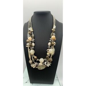 Three Strand Silver Tone Lucite & Acrylic Earth Tone Beaded 18"+4" Necklace